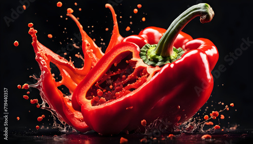 Red hot chili pepper explode - very spicy chili on black background.