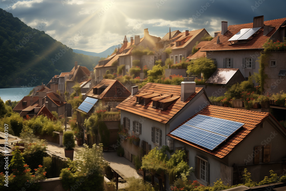 Fototapeta premium Modern solar panels on the roofs of houses in an old european town. Future Energy. Generative AI tools