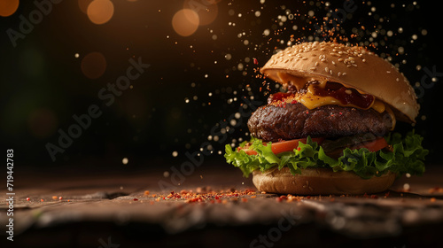 hamburger on black, burger with vegetables, hamburger with vegetables