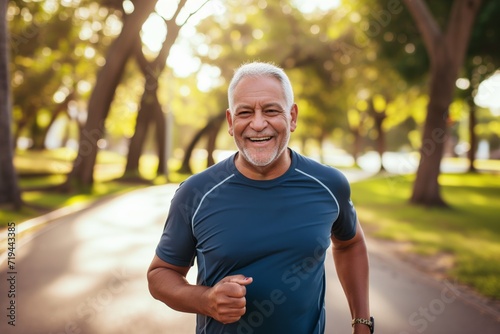 Happy senior man jogging living a healthy lifestyle in a park