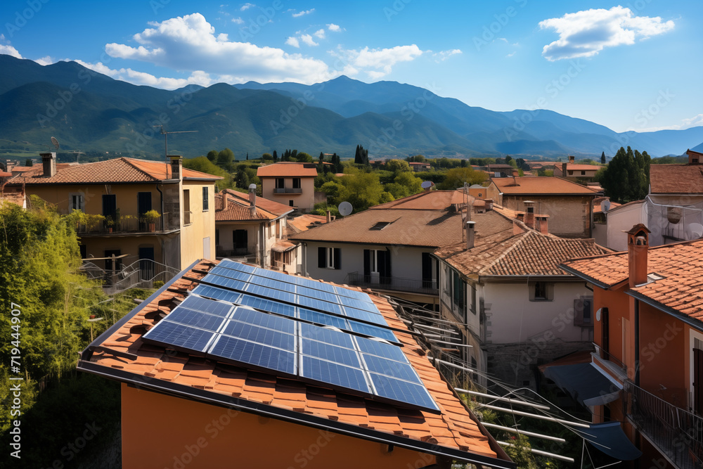 Modern solar panels on the roofs of houses in an old european town. Future Energy. Generative AI tools Modern solar panels on the roofs of houses in an old european town. Future Energy. Generative AI tools