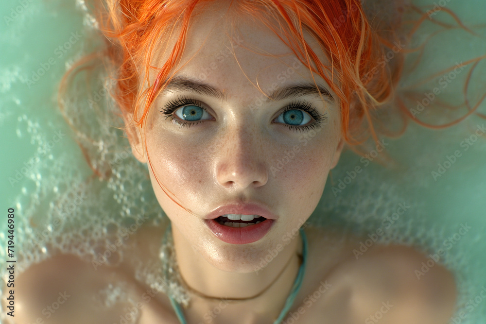 Serene Beauty with Vibrant Orange Hair in Bubbles