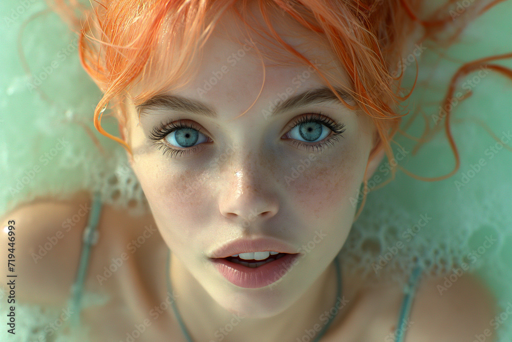 Serene Beauty with Vibrant Orange Hair in Bubbles