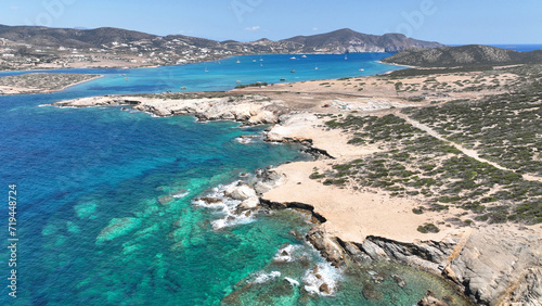 Aerial drone photo of beautiful nature and paradise secluded beaches of small island of Despotiko known for archaeological site untouched by tourism, Antiparos island, Cyclades, Greece