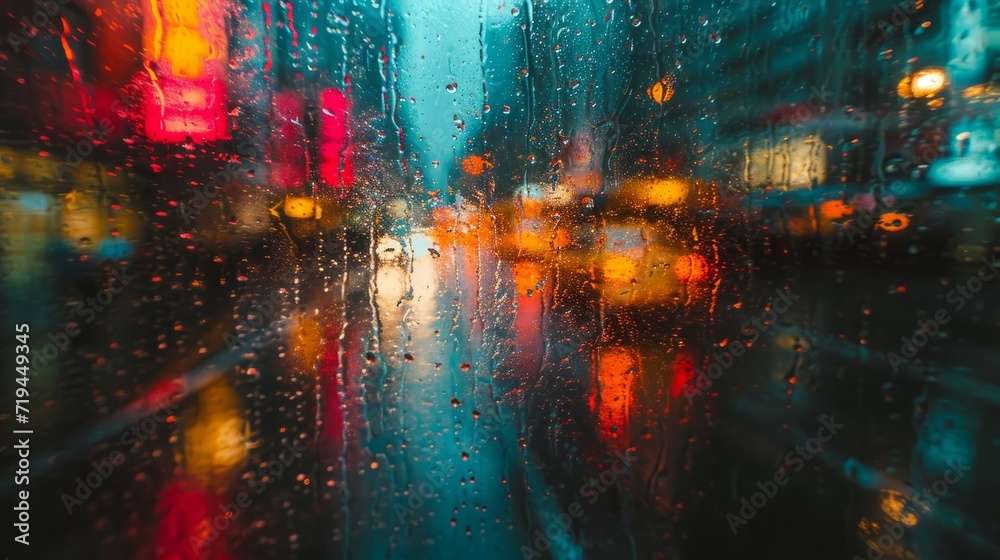 Traffic in the city at night with rain drops on the glass. A surreal image of May raindrops gracefully falling on a cityscape, with reflections of neon lights creating a dreamlike atmosphere.