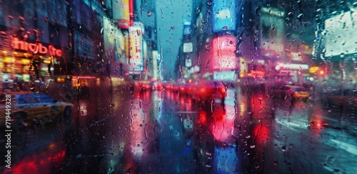 Traffic in the city at night with rain drops on the glass. A surreal image of May raindrops gracefully falling on a cityscape, with reflections of neon lights creating a dreamlike atmosphere.