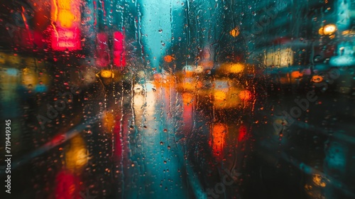 Traffic in the city at night with rain drops on the glass. A surreal image of May raindrops gracefully falling on a cityscape  with reflections of neon lights creating a dreamlike atmosphere.