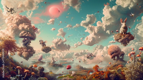 A surreal landscape featuring hares engaged in absurd activities painting the sky pink, juggling teacups, and balancing on giant mushrooms. Rabbits in the forest.