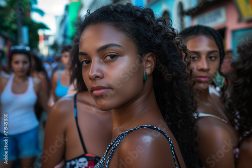 Close-up of a confident latina woman with a serene expression, amidst a bustling street scene with other individuals softly blurred in the background. Rio de Janeiro Street Photography