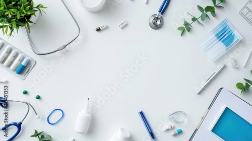 Top view of modern, sterile doctors office desk. Medical accessories on a white background with copy space around products. Photo taken from above