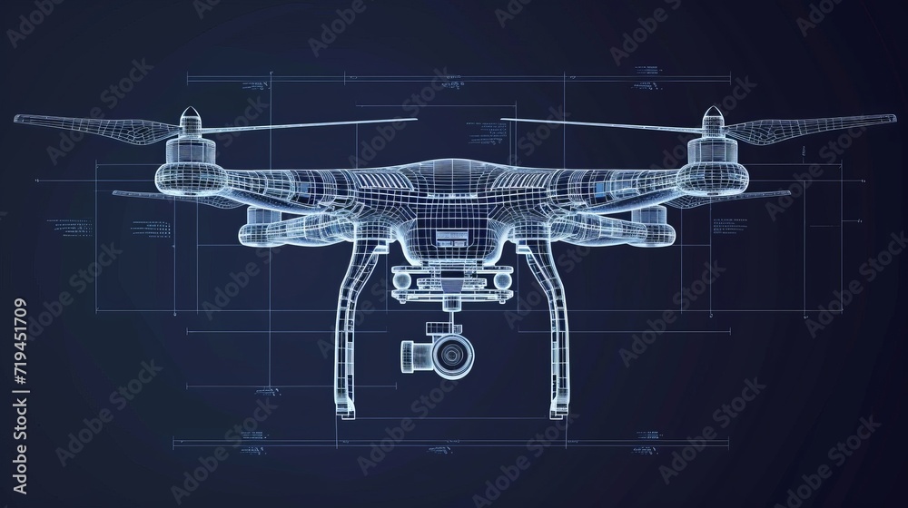 Vector Quadcopter or drone line blueprint wireframe - obrazy, fototapety, plakaty 