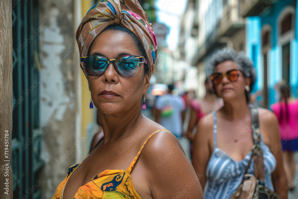 A poised woman with a head wrap and sunglasses stands confidently on a bustling street, with another woman softly focused behind her.