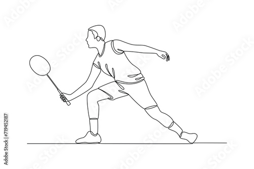 One single line drawing of a man practices playing badminton, graphic vector illustration. Sport training concept. Modern continuous line draw design for sport tournament banner and poster