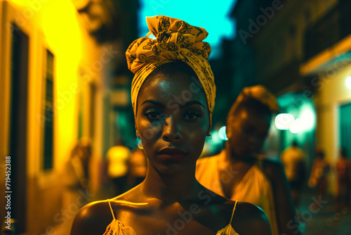 Woman in a vibrant yellow headwrap and dress standing confidently on a street at dusk, with a subtle glow illuminating her face. © Sascha