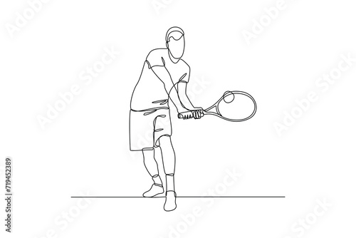 One single line drawing of a man is playing with a tennis ball. Sport training concept. Modern continuous line draw design for sport tournament banner and poster