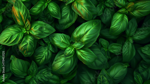  green basil leaves in nature on a dark background in 