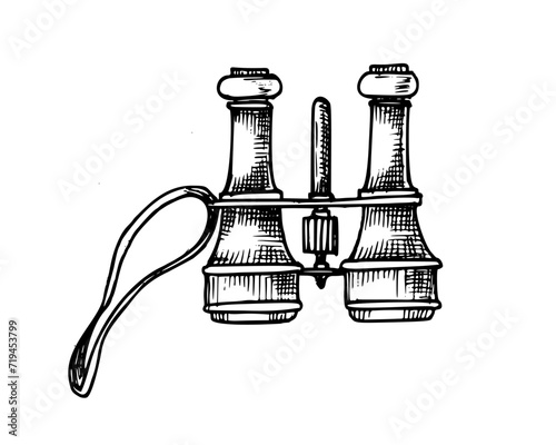 Vintage old Binoculars vector illustration. Hand drawn linear drawing of retro golden optical equipment on isolated white background. Sketch of theater of opera tool. Line art of nautical instrument.