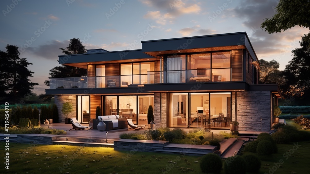 modern residential building with lighting and garden in the evening modern residential building with lighting and garden in the evening