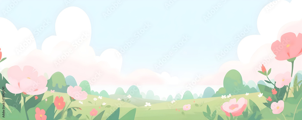 Cheerful nature landscape with copy space. Banner with spring, summer flowers field. Panoramic kids flat illustration of meadow with wildflowers on a background of mountains, blue sky and clouds. Cheerful nature landscape with copy space. Banner with spring, summer flowers field. Panoramic kids flat illustration of meadow with wildflowers on a background of mountains, blue sky and clouds.