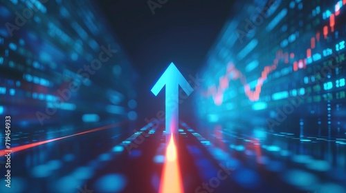 A 3D Illustration of Soaring Finances, Stylized Arrow Pointing Upwards, Representing Strengthening Currency, Stock Growth, and Financial Success in a Minimalist Design photo