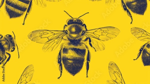 Bee seamless pattern on yellow background