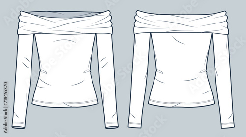 Off Shoulder Top technical fashion illustration. Long Sleeve Shirt fashion flat technical drawing template, slim fit, front and back view, white, women Top CAD mockup.