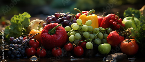 Various types of fruits and vegetables Fresh and colorful Spread across the entire picture Contains important nutrients for the body Suitable for use in making presentations about healthy food.