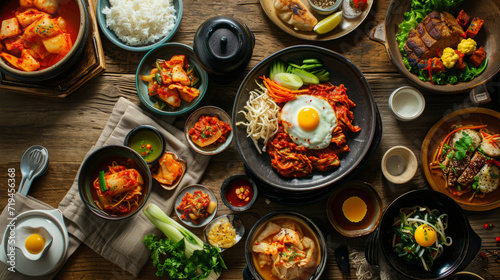 Authentic Korean Culinary Spread with Vibrant Kimchi