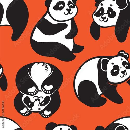 Black and white cute cartoon pandas on red. Seamless pattern in vector