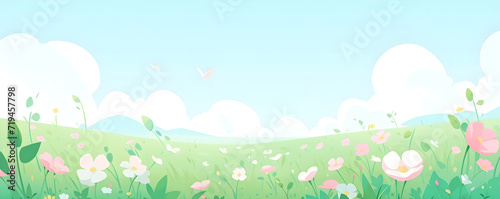 Banner with spring  summer flowers field. Panoramic kids flat illustration of meadow with wildflowers on a background of mountains  blue sky and clouds. Cheerful nature landscape with copy space.
