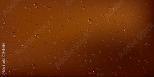 Cola drops abstract background. Brown condensate on glass in close up.