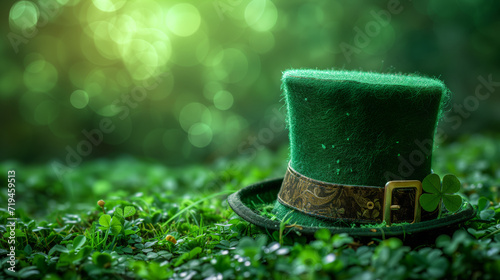 Green hat with shamrock or clover leaves on a green background. St. Patrick's Day background