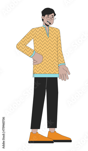 Eyewear man traditional costume 2D linear cartoon character. Arabic kurta male adult isolated line vector person white background. Hindu festival of lights Deepawali color flat spot illustration