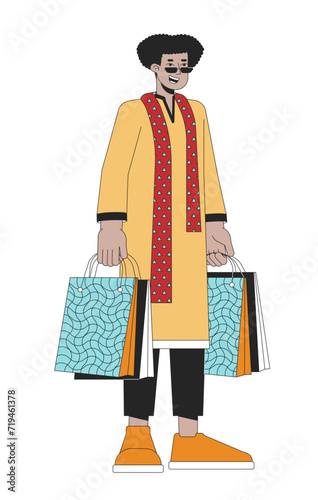 Ethnic kurta latino man holding gift bags 2D linear cartoon character. Hispanic guy isolated line vector person white background. Hindu festival of lights Deepawali color flat spot illustration