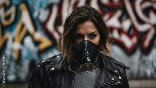 portrait of a person in a gas mask A sad woman wearing a breathing mask and a leather jacket, standing in front of a graffiti wall. 