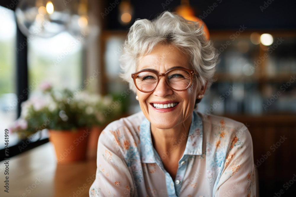 Woman wearing glasses smiles warmly at camera. Perfect for business, education, or lifestyle concepts Woman wearing glasses smiles warmly at camera. Perfect for business, education, or lifestyle concepts