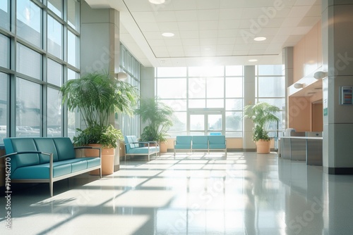 Spacious light hospital or clinic lobby interior, no people