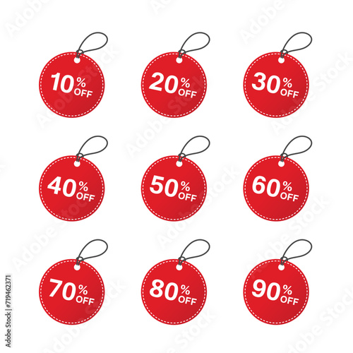Set of label sales and discounts. Price off tag icons flat design collection set. 10, 20, 30, 40, 50, 60, 70, 80, 90 percent sales. Vector illustration.