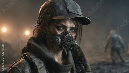 soldier with gas mask Post apocalypses world halloween concept. Portrait of young Sad woman in breathing mask 