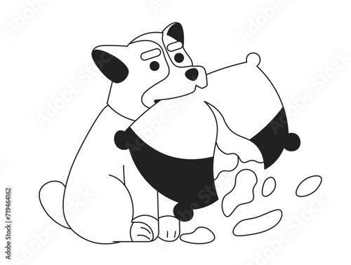 Cute dog chewing pillow black and white cartoon flat illustration. Naughty puppy destroying couch cushion linear 2D character isolated. Happy accident corgi doggy mess monochromatic scene vector image