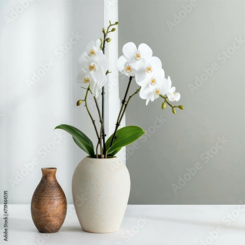  White orchid flower and palm leaves in vases on table top  front view composition with copy space 