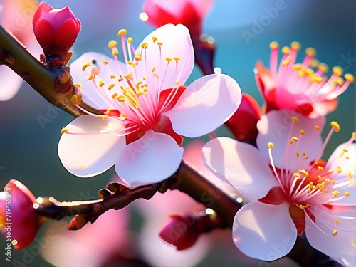 Pink Cherry Blossoms branches in spring photo