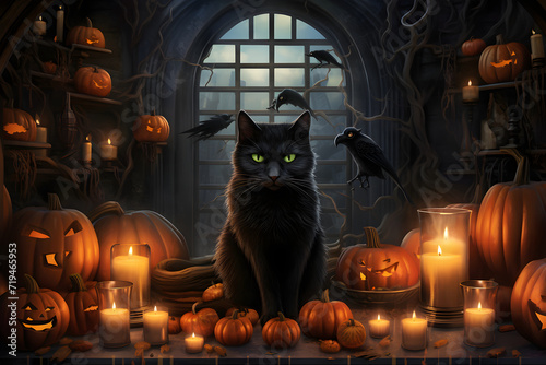 Whimsical Halloween Witch Enter a whimsical Halloween world with this background. It showcases a fantasy black cat witch in a mysterious fairy cabin adorned Generative AI,