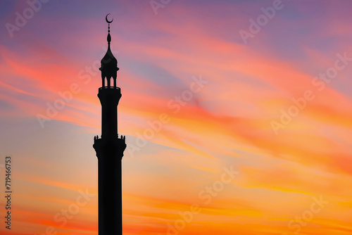Mosque s minaret silhouetted against the colorful  Ramadan sunset  Evening sky  orange and pink