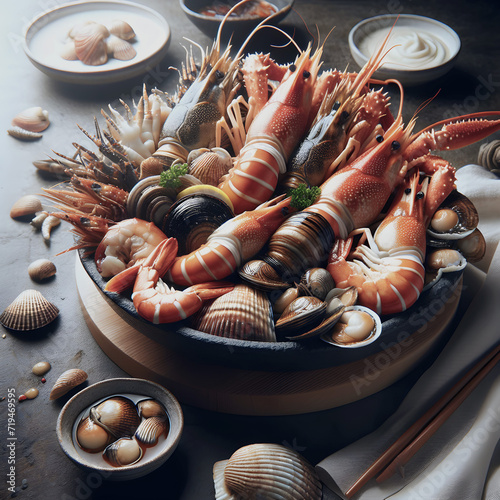 Delicious seafood cinematic, food 
illustration, bouquet of seafood illustration of marine riches of the Mediterranean and southern seas. Foodie still life 
 photo