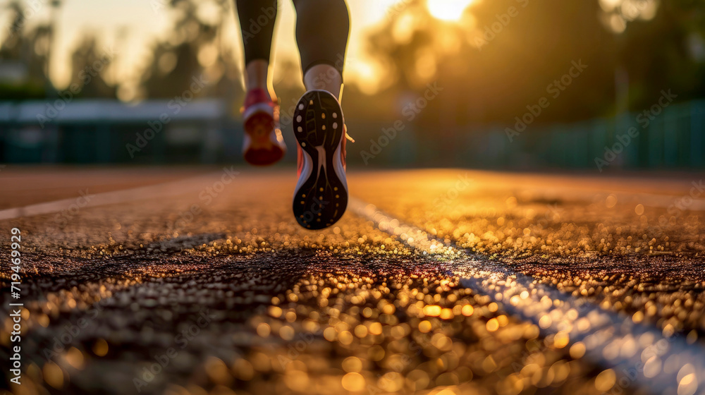 Slender legs in sneakers of a girl running in the rays of the rising sun. A track and field athlete's morning workout at dawn, on the stadium treadmill. Close-up.