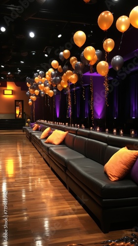 Elegant event setup with black sofas, orange cushions, and floating golden balloons