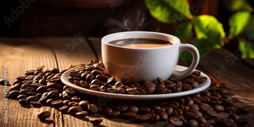 Black coffee cup on brown wood table with coffee bean