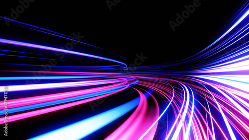 3D render, Light speed or high speed warp trails, motion effect movement technology background, abstract futuristic neon light.