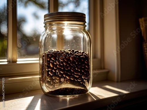 Coffee beans in a mason jar catching the sunbeams